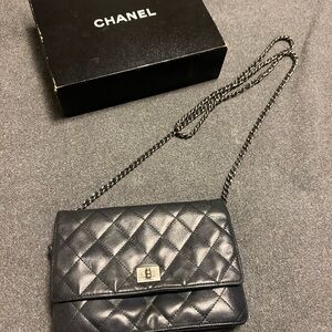 CHANEL Metallic Black Quilted Leather Wallet On A Chain Crossbody Bag